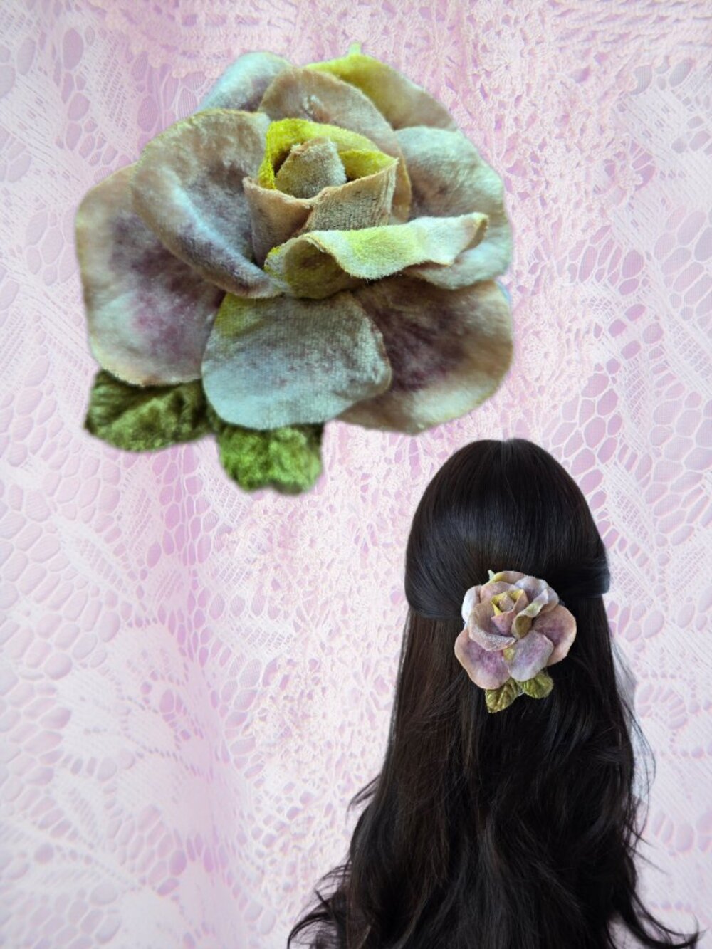 Handmade Mauve and Coco Beige Velvet Rose Hair Clip Balletcore Romantic Cottage
